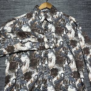 Hatem Sayki Paisley Button Up Shirt Men's L Brown Slim Fit Long Sleeve 70s Style